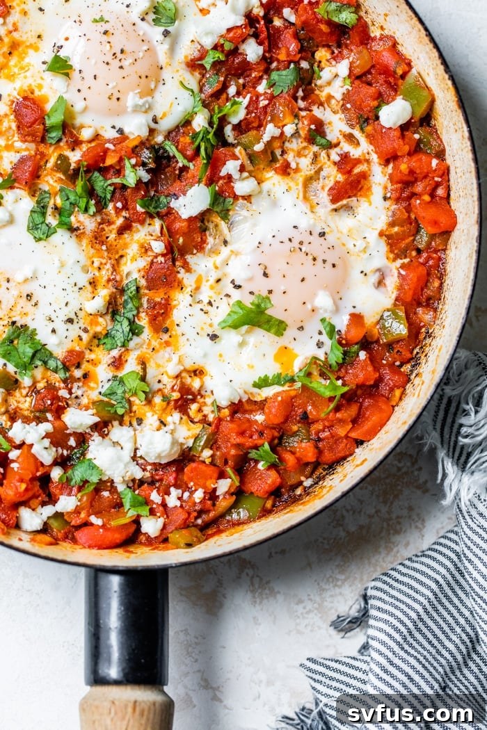 A vibrant Shakshuka dish in a rustic skillet, garnished with fresh herbs and crumbled feta cheese, ready to be served for a hearty breakfast or brunch.