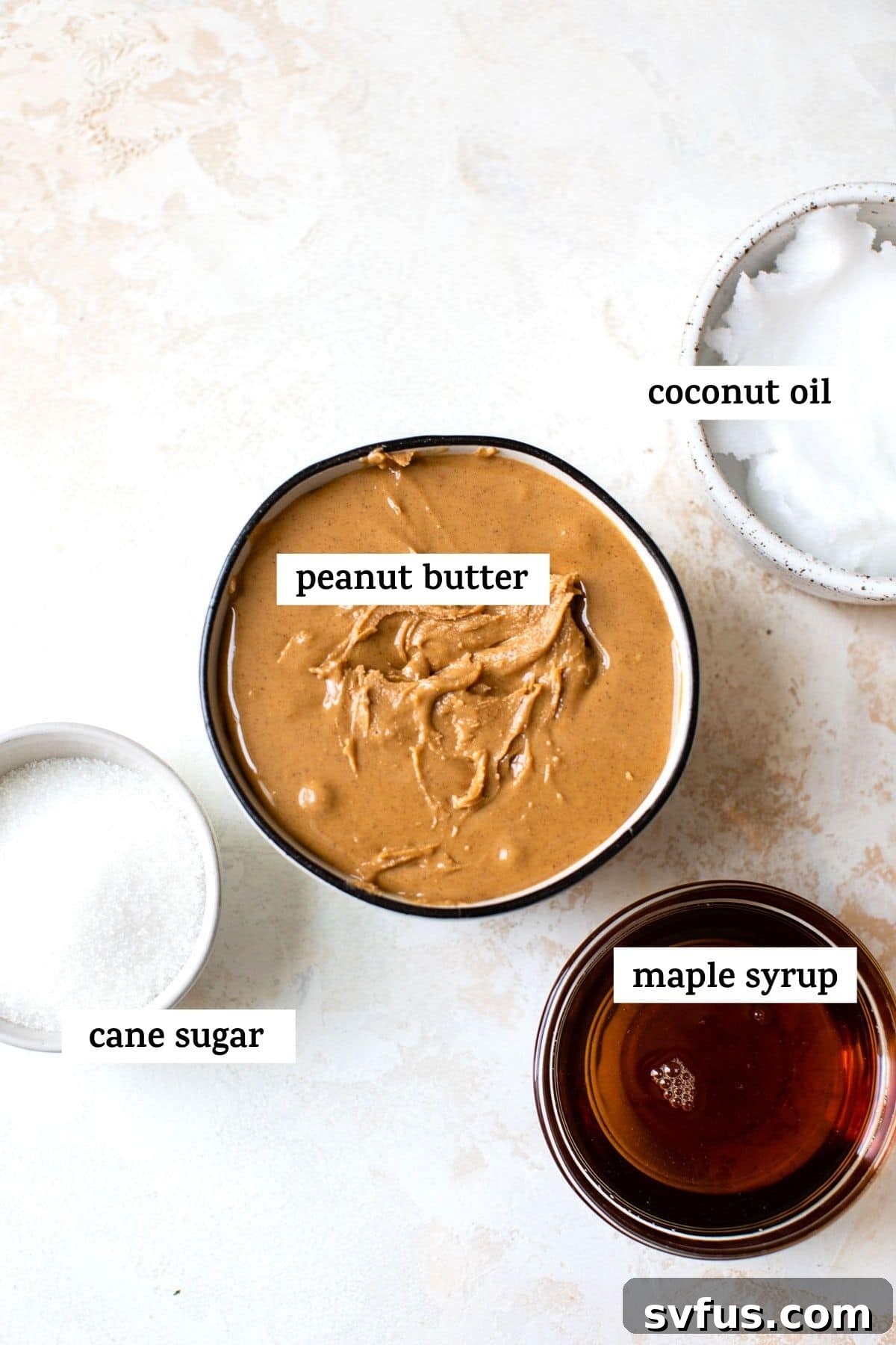 The five simple ingredients for dairy-free peanut butter fudge laid out, with a text overlay highlighting their importance.