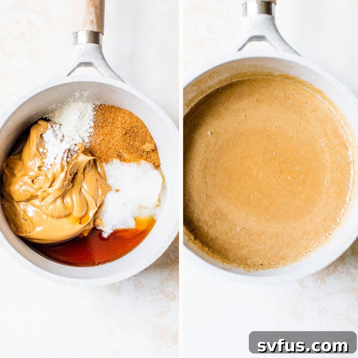Creamy peanut butter, maple syrup, coconut oil, sugar, and salt melting together in a saucepan, being stirred to achieve a smooth consistency.