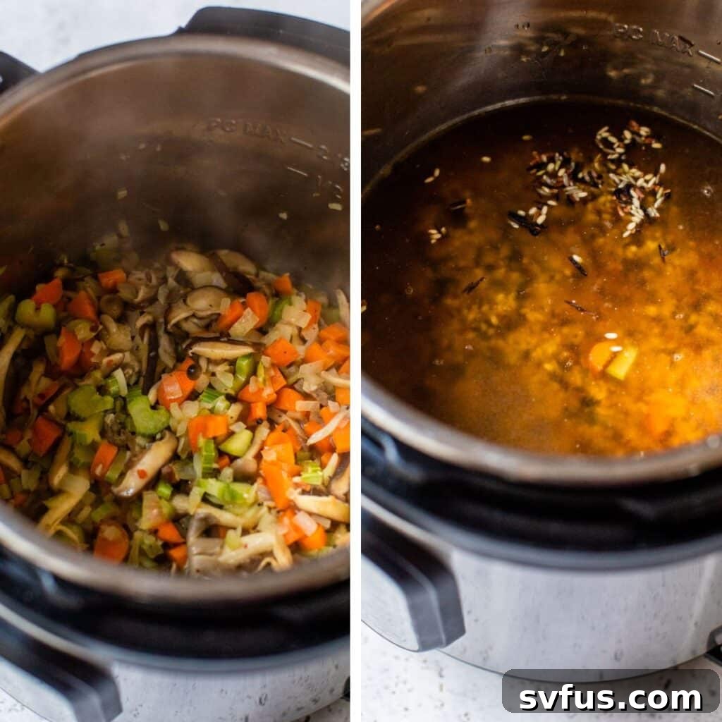Left image shows sautéed carrots, celery, onion, and mushrooms in an Instant Pot; right image shows broth and wild rice added to the vegetables.