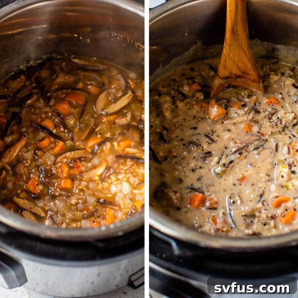 Left image shows cooked wild rice and vegetables in an Instant Pot; right image shows milk or cream being stirred into the soup, making it creamy.