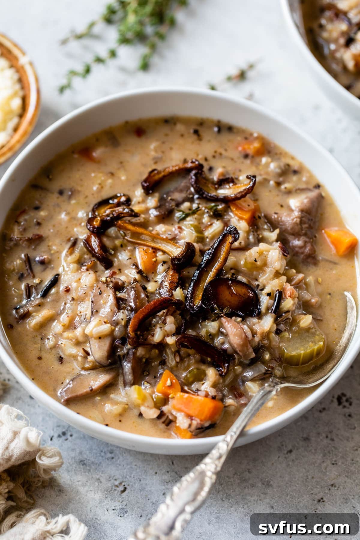 A beautifully presented bowl of creamy wild rice and mushroom soup with a spoon resting in it, ready to be enjoyed.