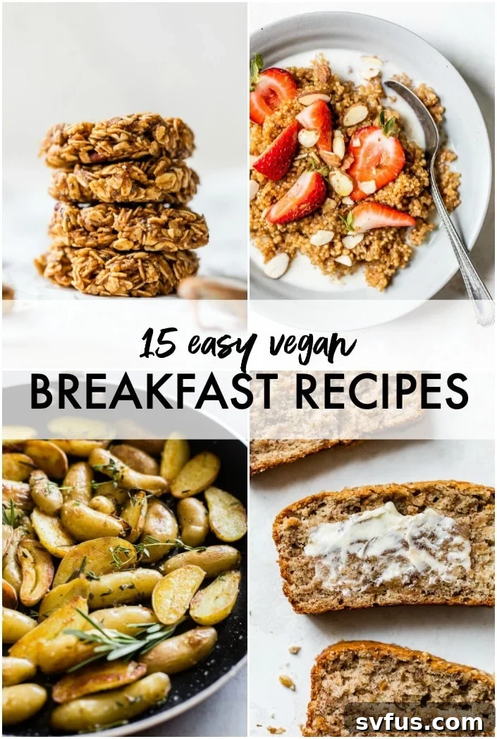 A vibrant collage of diverse vegan breakfast recipes, showcasing everything from rich chia puddings to hearty breakfast tacos and comforting quinoa bowls, designed to inspire healthy and varied morning meals.