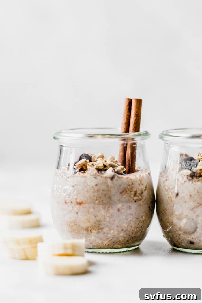 A delightful jar of cinnamon chocolate chip overnight oats, a delicious make-ahead breakfast that perfectly combines the two BEST flavors for a truly satisfying morning meal.