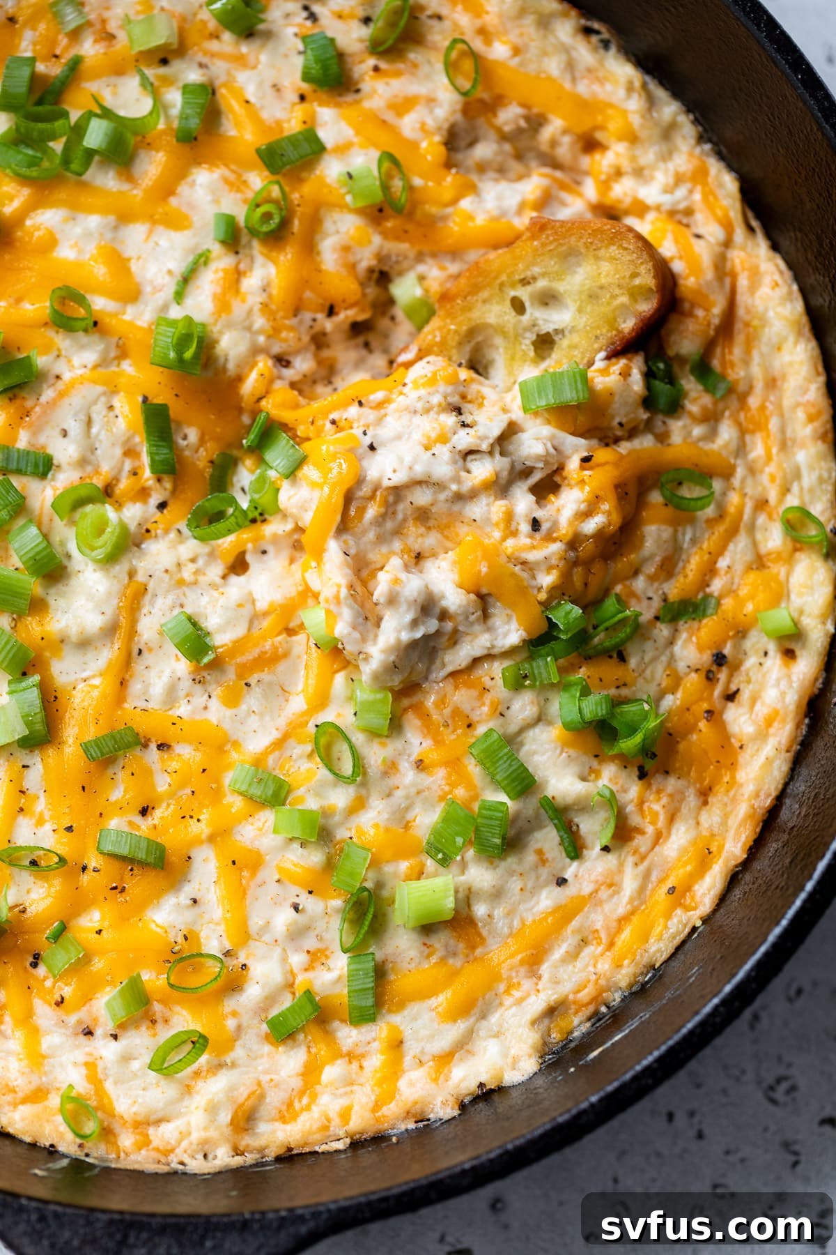 A top-down view of hot crab dip in a black skillet, with a serving spoon and various dippers arranged around it, ready to be enjoyed.