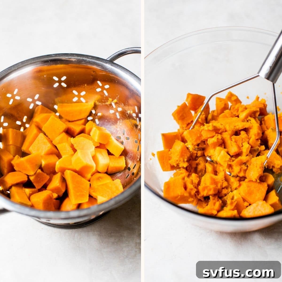 Close-up shot of diced, boiled sweet potatoes being mashed with a hand masher in a saucepan, demonstrating the first mashing step for creamy texture.