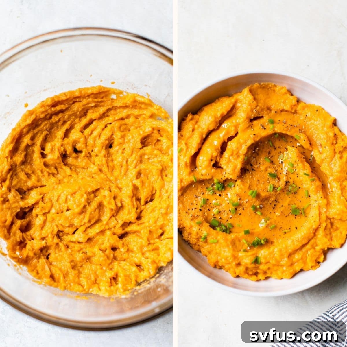 A glass bowl filled with perfectly whipped and creamy savory mashed sweet potatoes, ready to be served or garnished.
