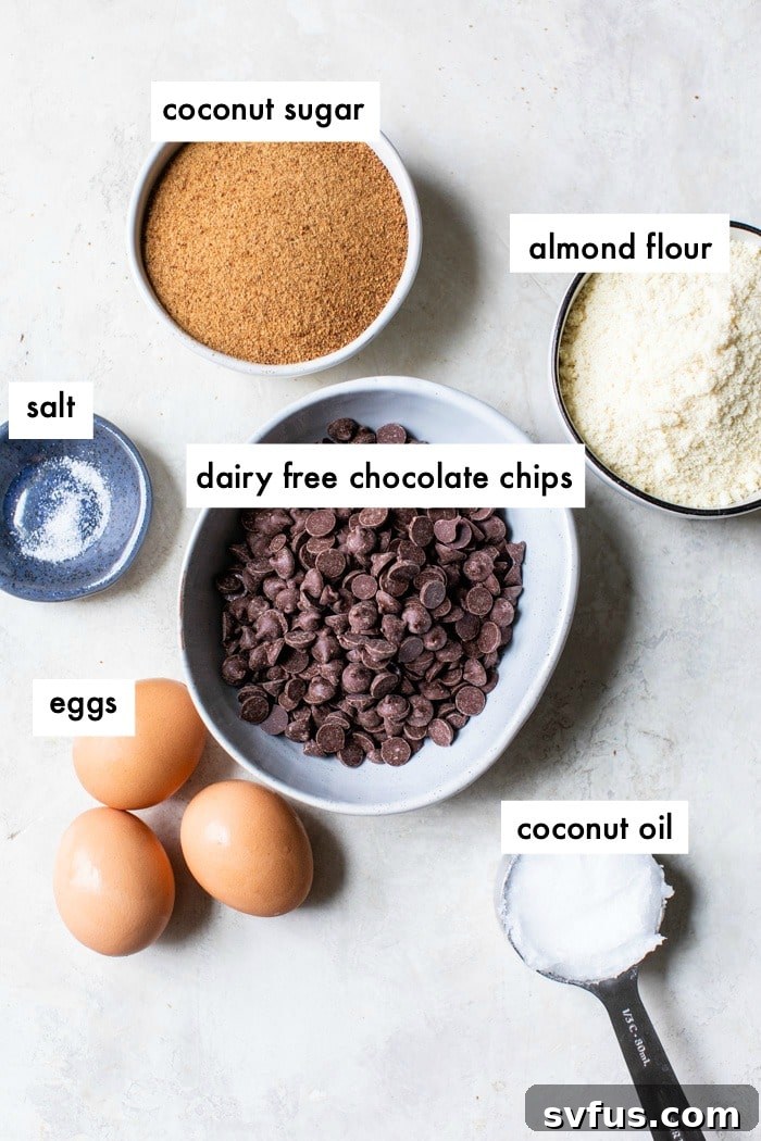 A flat lay photograph showcasing the six simple ingredients required to make delicious paleo brownies: coconut oil, chocolate chips, eggs, coconut sugar, almond flour, and salt.