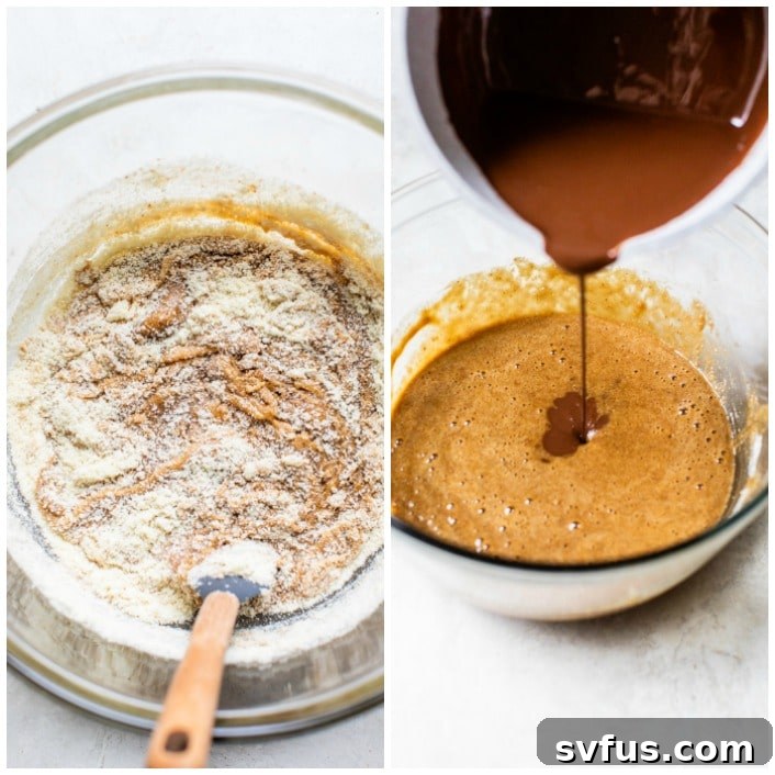 A step-by-step composite image showing the process of making paleo brownies: folding almond flour into egg mixture, followed by the final batter and baked brownies