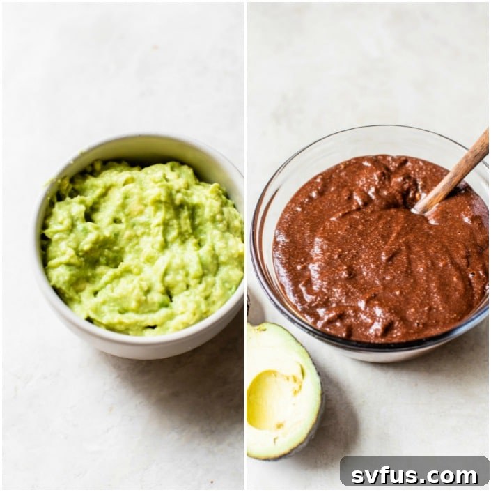 A bowl showing mashed avocado being stirred into chocolate cake batter.