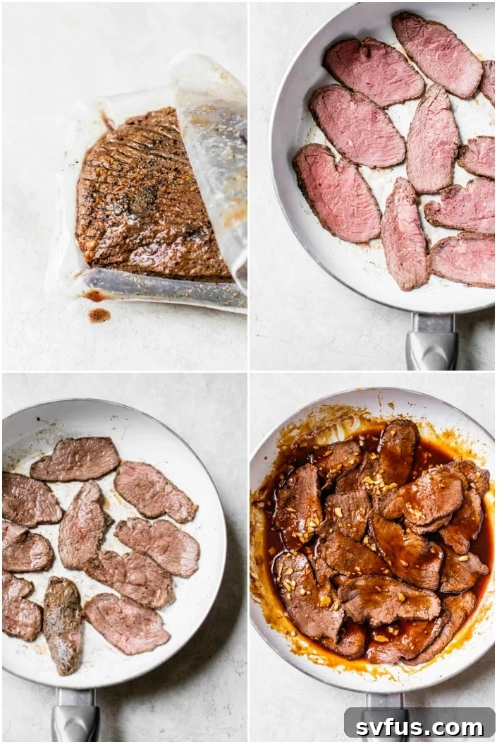 Step-by-step cooking process for healthy Mongolian beef, showing ingredients in a bowl and beef cooking in a skillet.
