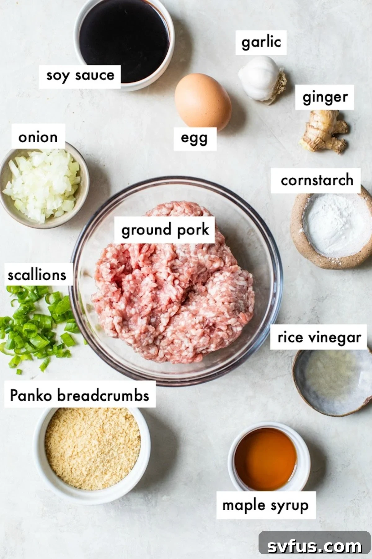 Ingredients laid out for making meatballs: ground pork, soy sauce, breadcrumbs, onion, garlic, egg, and maple syrup.