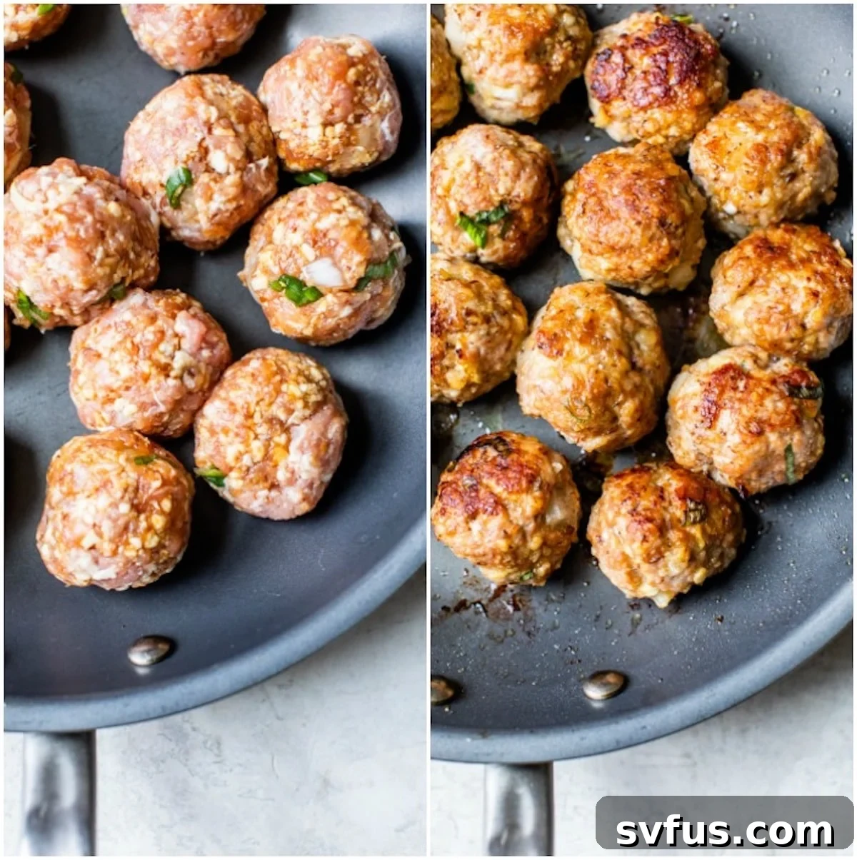 Pork meatballs sizzling and browning in a hot skillet on the stovetop.