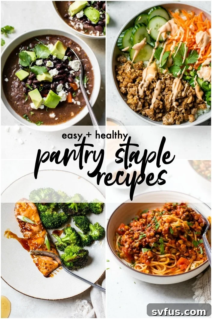 A vibrant collection of easy pantry staple recipes featuring pasta, rice, beans, meat, and plenty of frozen vegetables, ready for quick meal prep.
