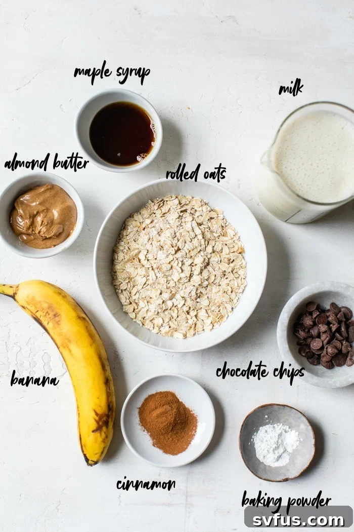 Various ingredients for baked oatmeal cups arranged in bowls with text overlays, including bananas, almond butter, oats, and chocolate chips