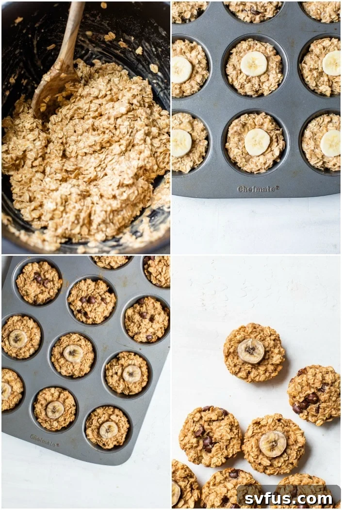 Step-by-step image collage showing how to prepare the oatmeal cup mixture in a bowl and spoon it into a muffin tin