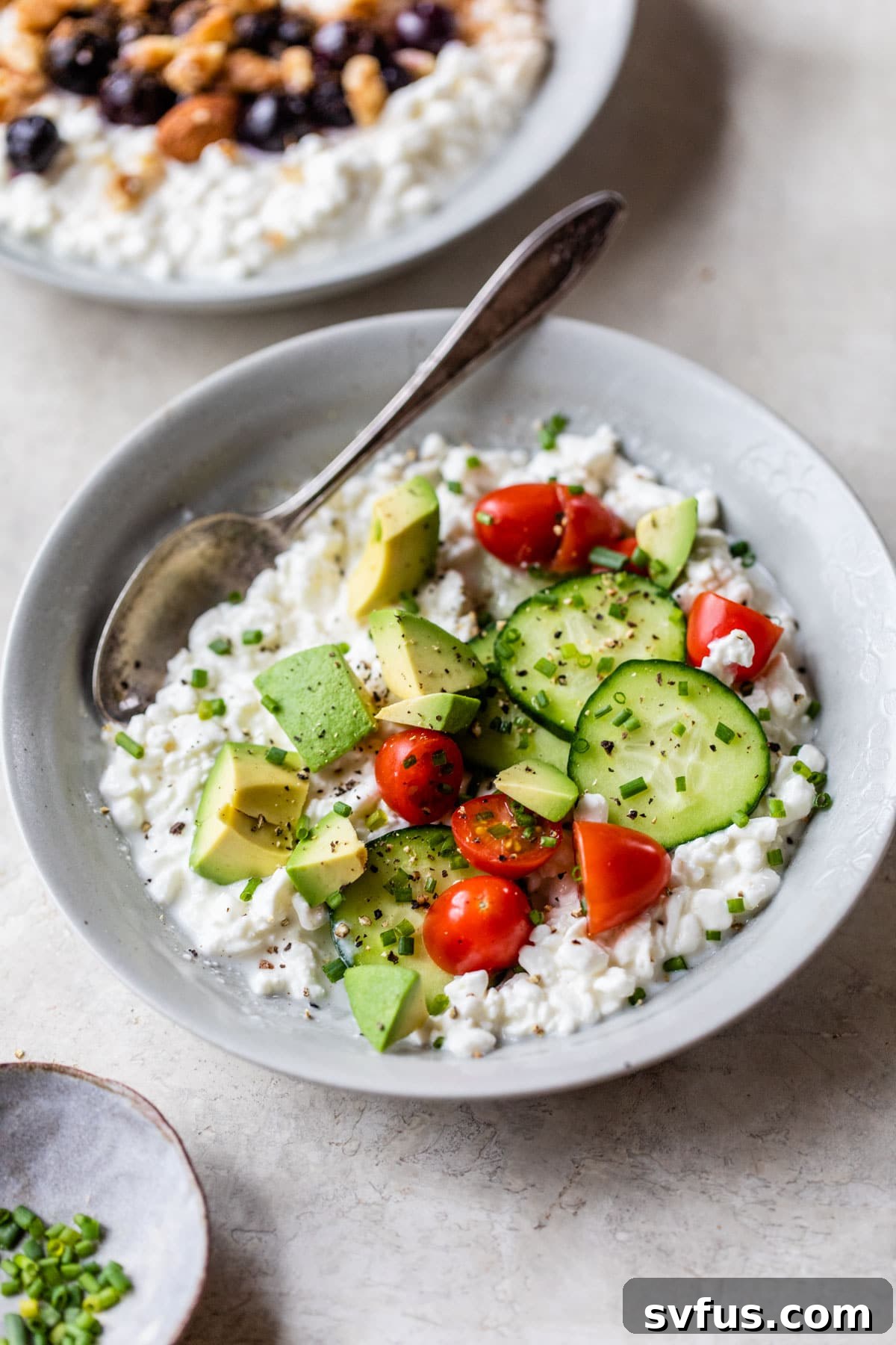 savory bowl of cottage cheese with tomatoes, cucumber and avocado