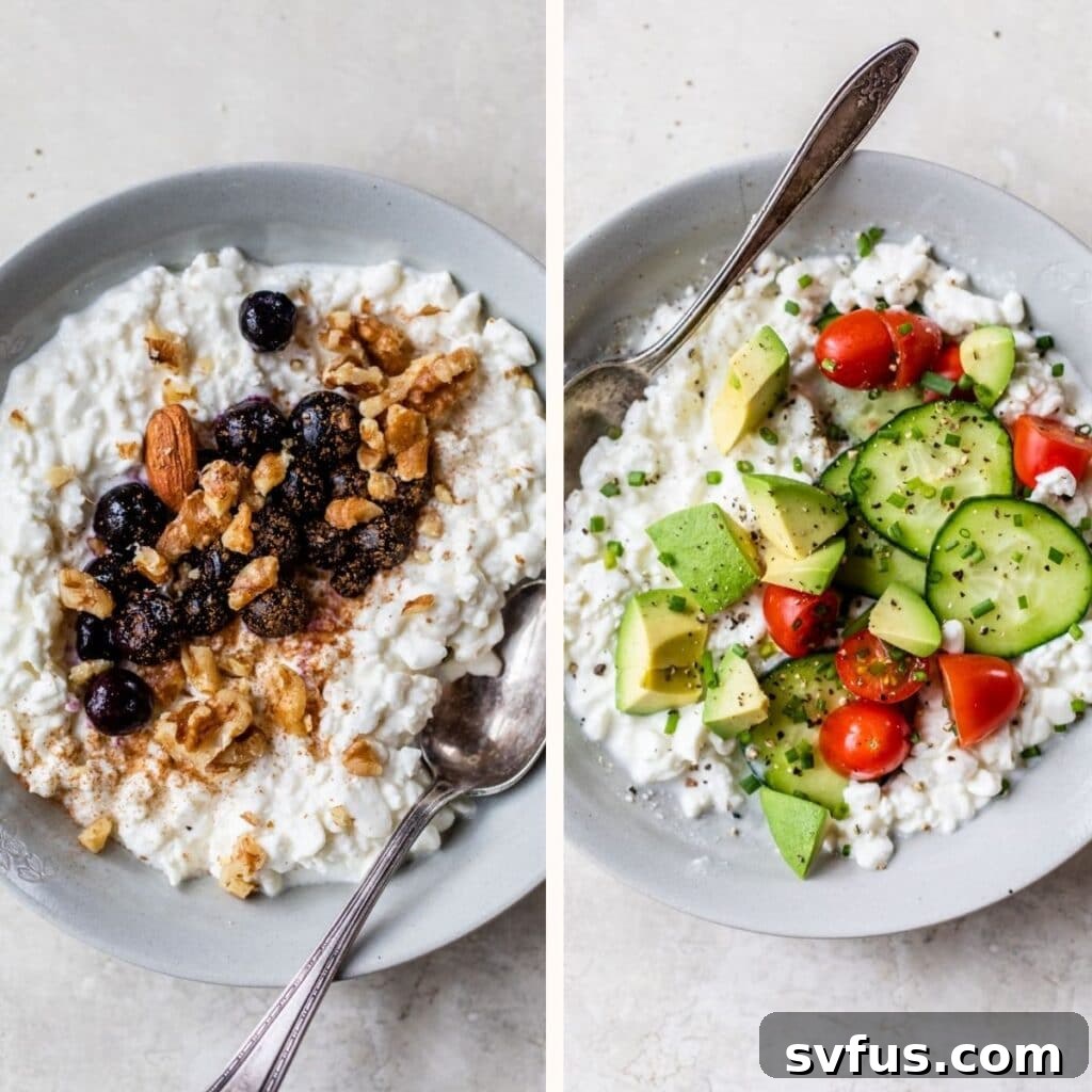 two bowls of cottage cheese side by side with various toppings