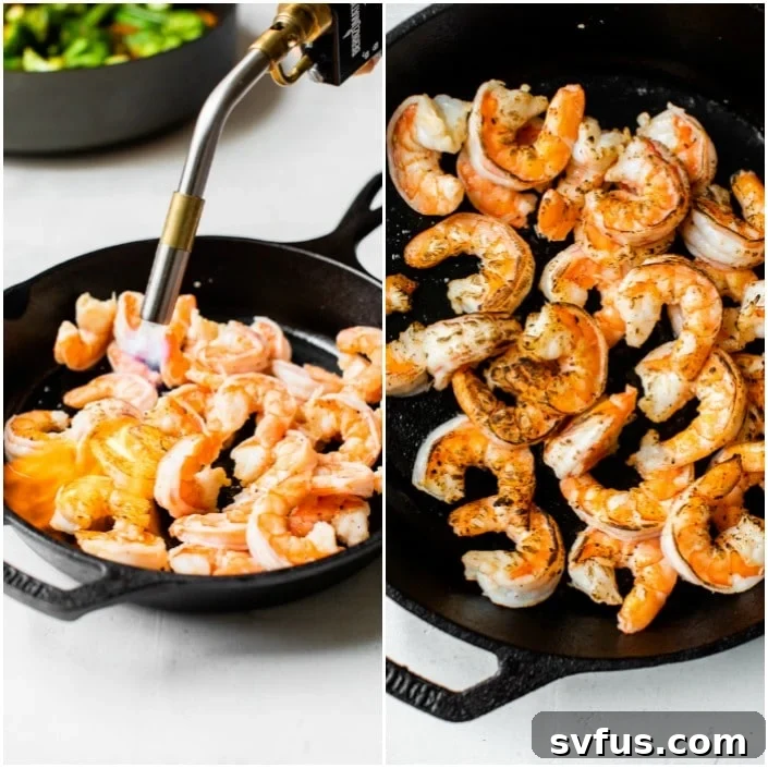 charred shrimp in a cast iron skillet