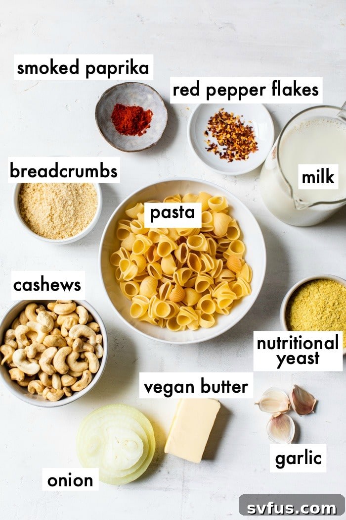 Ingredients for vegan mac and cheese laid out with text overlay