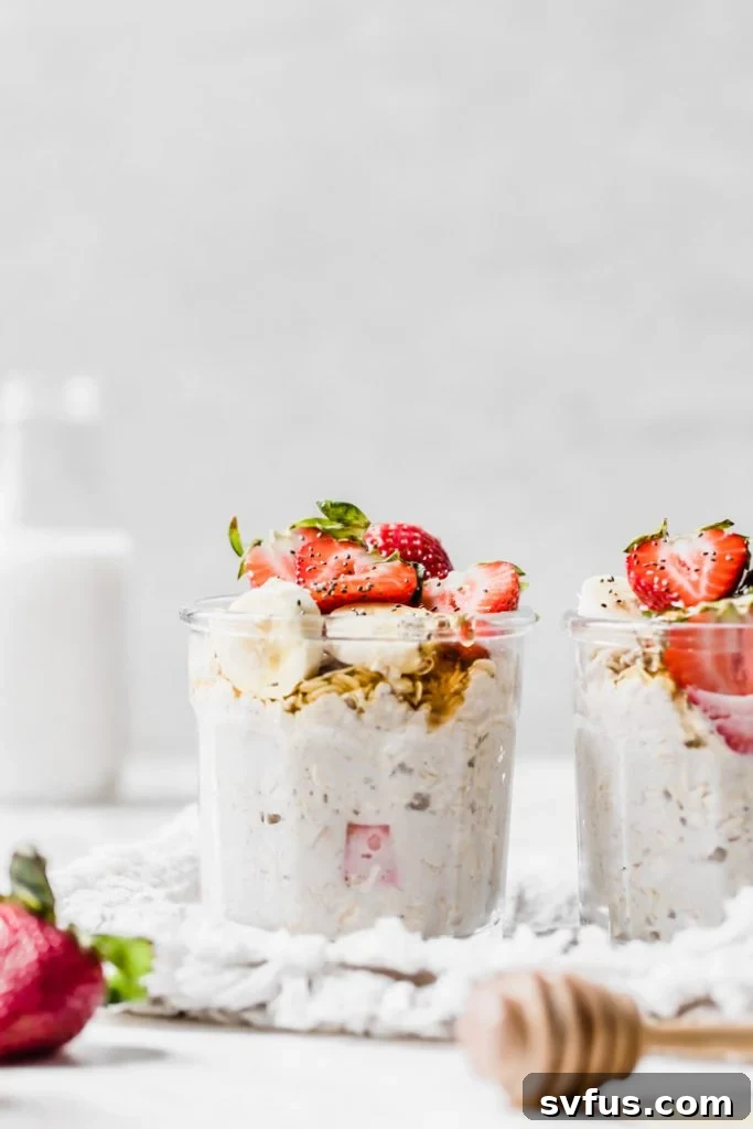 Delicious strawberry banana overnight oats topped with fresh fruit, perfect for an easy breakfast
