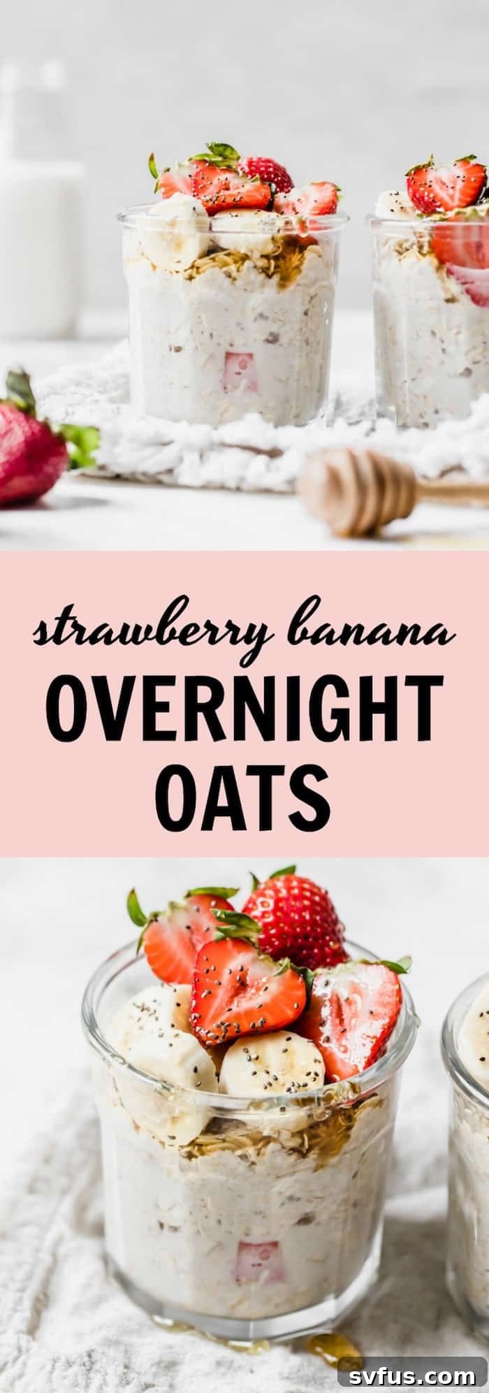 A beautifully presented jar of Strawberry Banana Overnight Oats, highlighting its health benefits as a make-ahead breakfast.