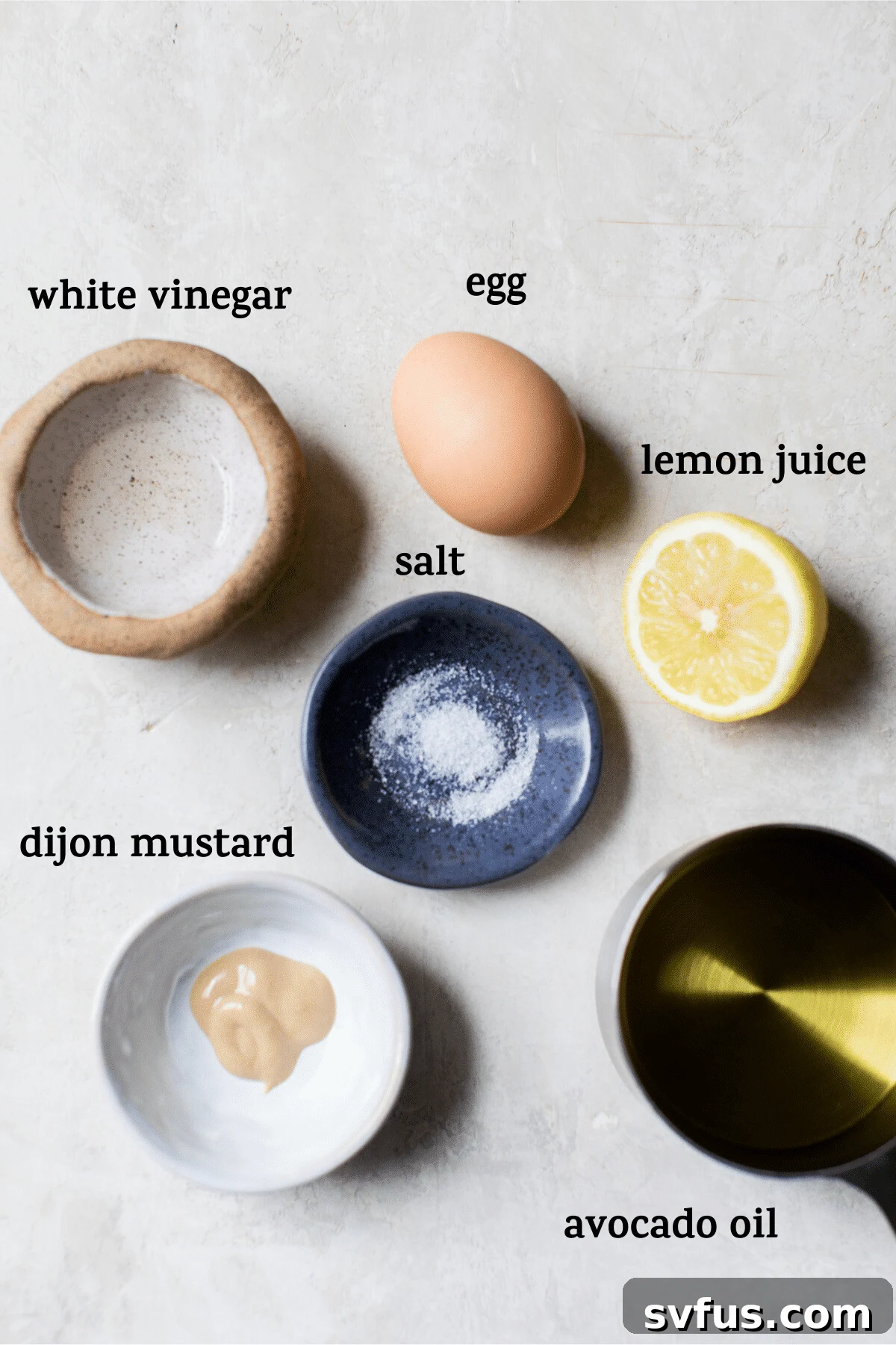Ingredients for avocado oil mayonnaise laid out on a counter, including an egg, avocado oil, vinegar, lemon juice, and mustard.