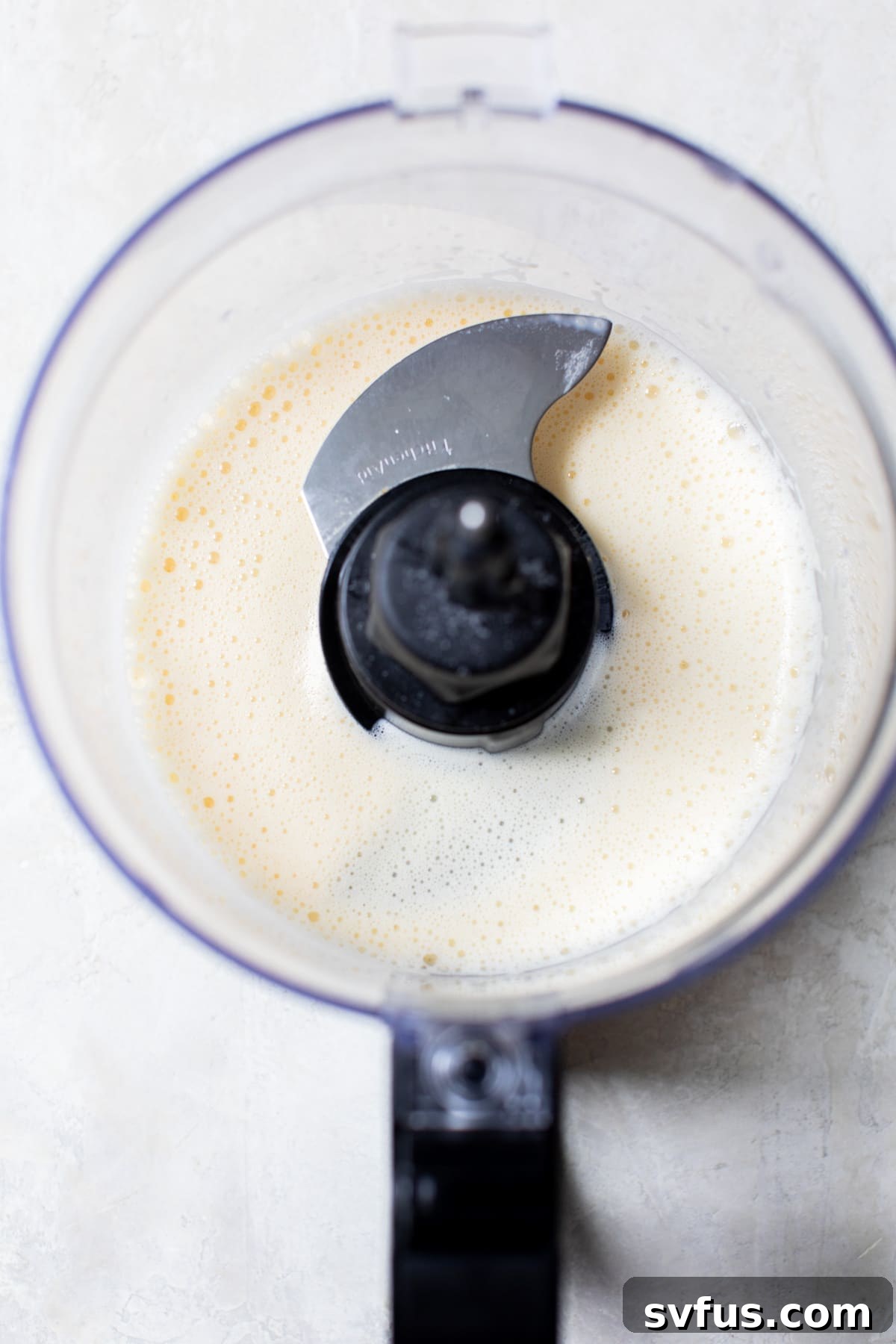 Vinegar, lemon juice, mustard, and salt added to the egg in a food processor bowl, blended lightly.