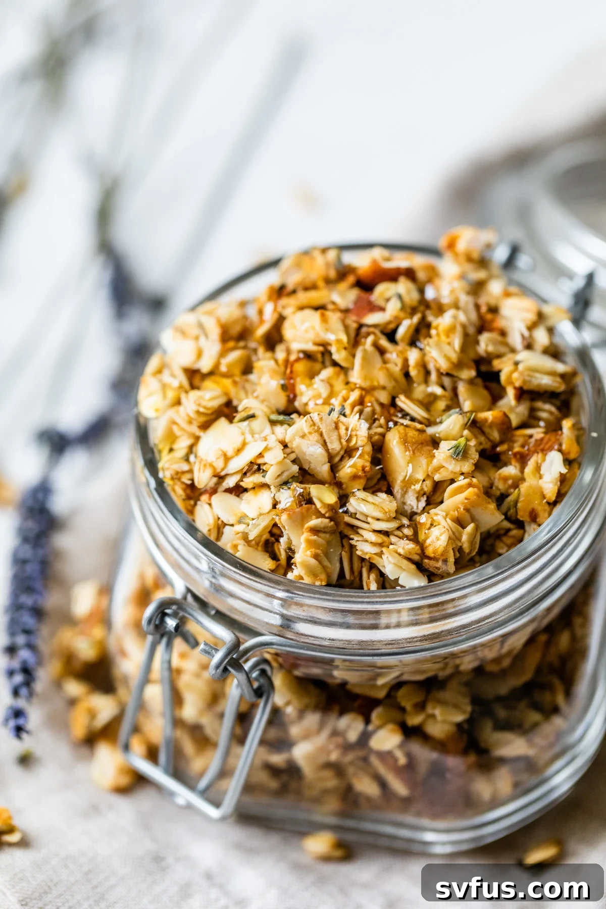 Homemade lavender granola in a glass jar, perfect for breakfast
