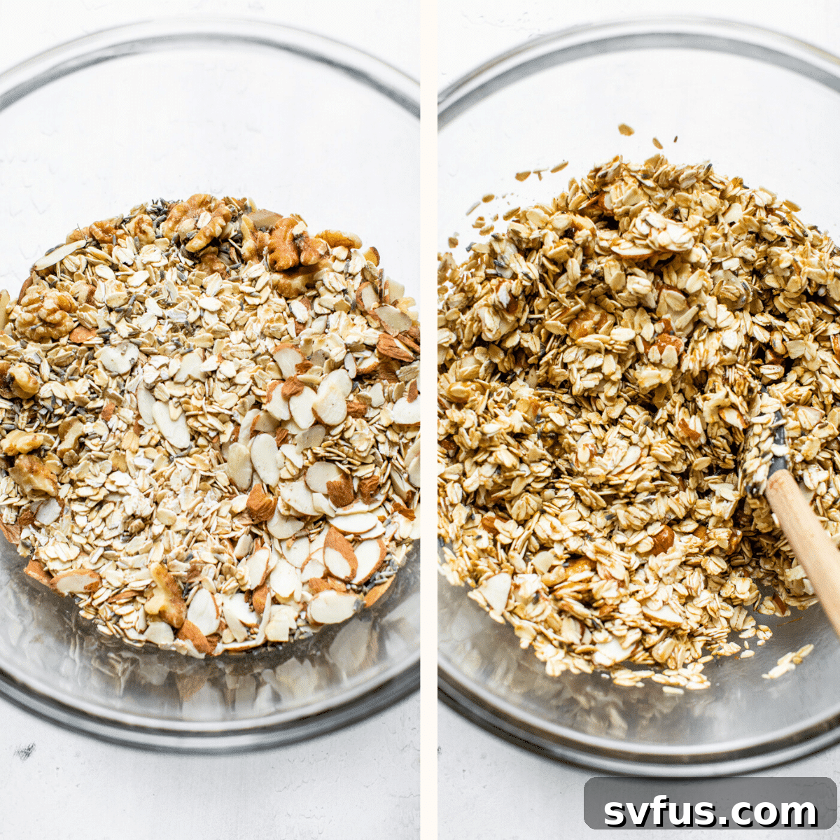 Oats and nuts coated with wet ingredients in a glass bowl, ready for baking