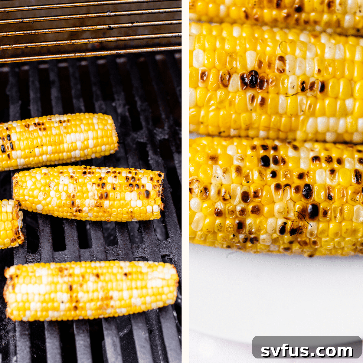 Close-up of fresh corn cobs charring beautifully on a hot grill, showing the smoky marks.