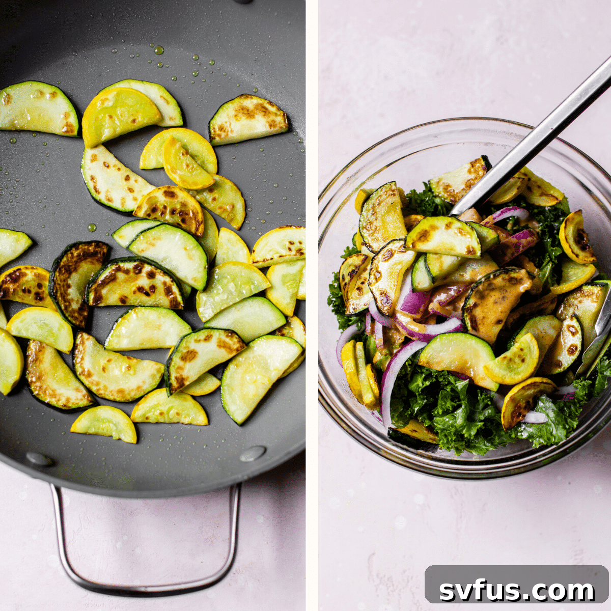 Sautéed zucchini and yellow squash pieces in a skillet, showing their golden-brown edges.