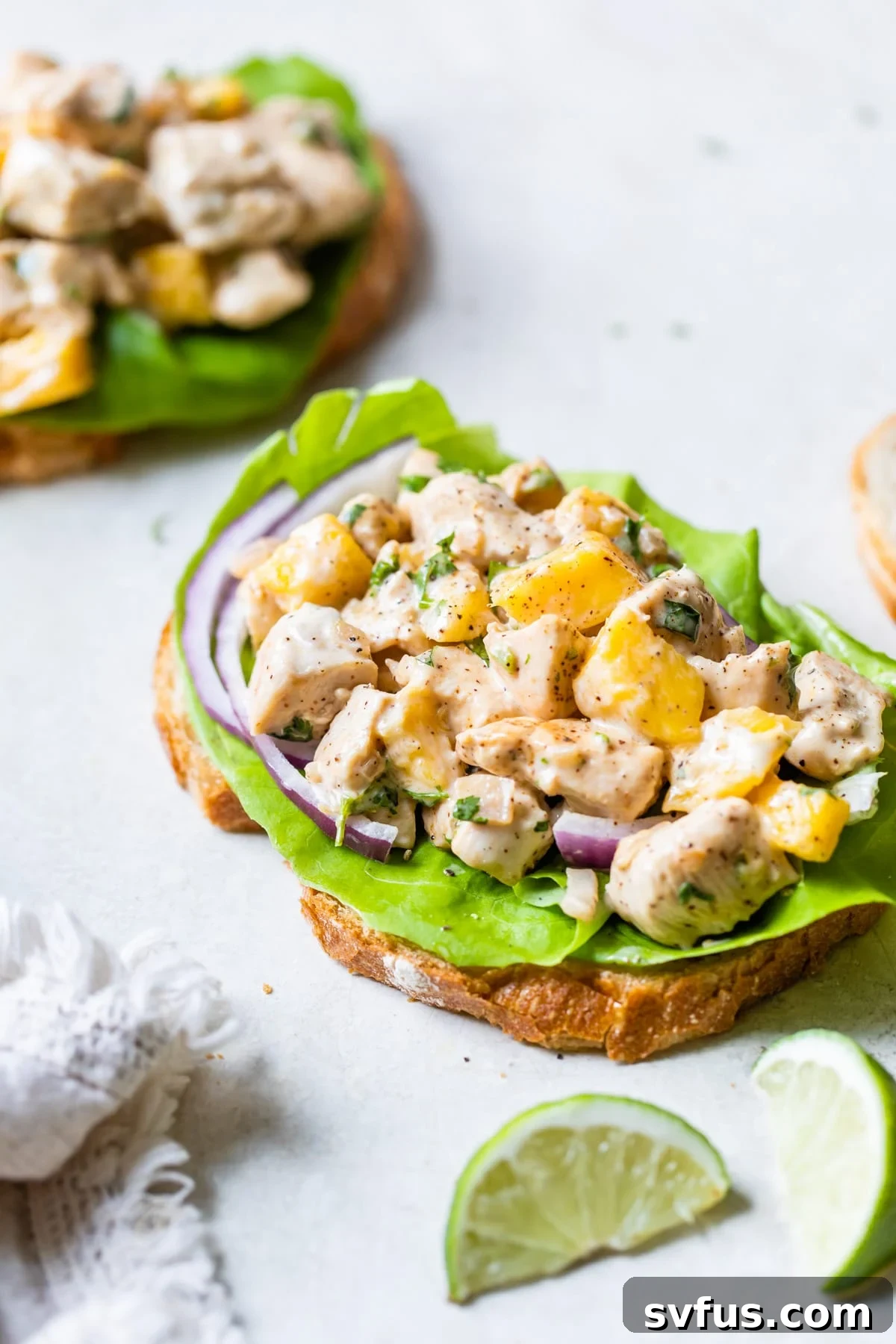 chicken and mango on a slice of bread