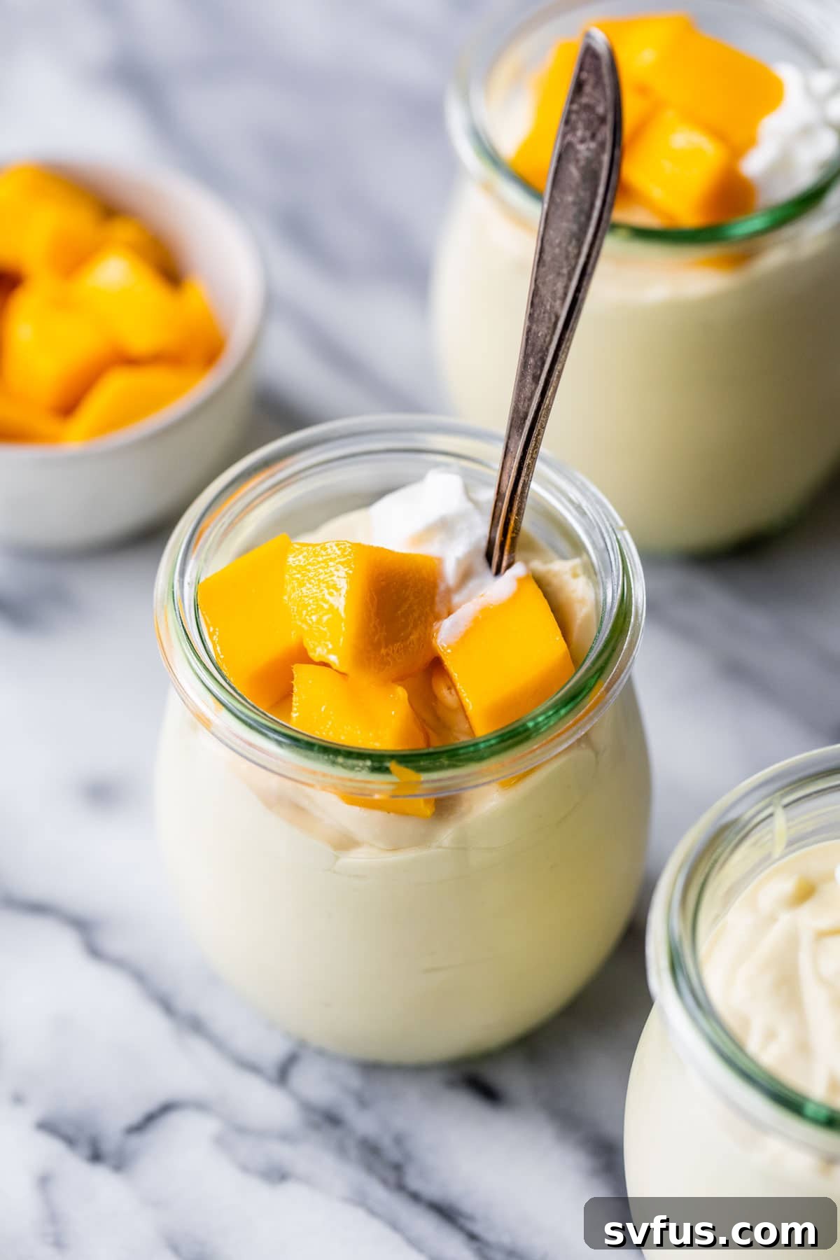 Two jars of vibrant vegan mango mousse, garnished with fresh diced mango cubes, presented on a rustic wooden surface, exuding a fresh and inviting summer vibe.