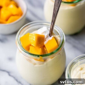 Two jars of vibrant vegan mango mousse, garnished with fresh diced mango cubes