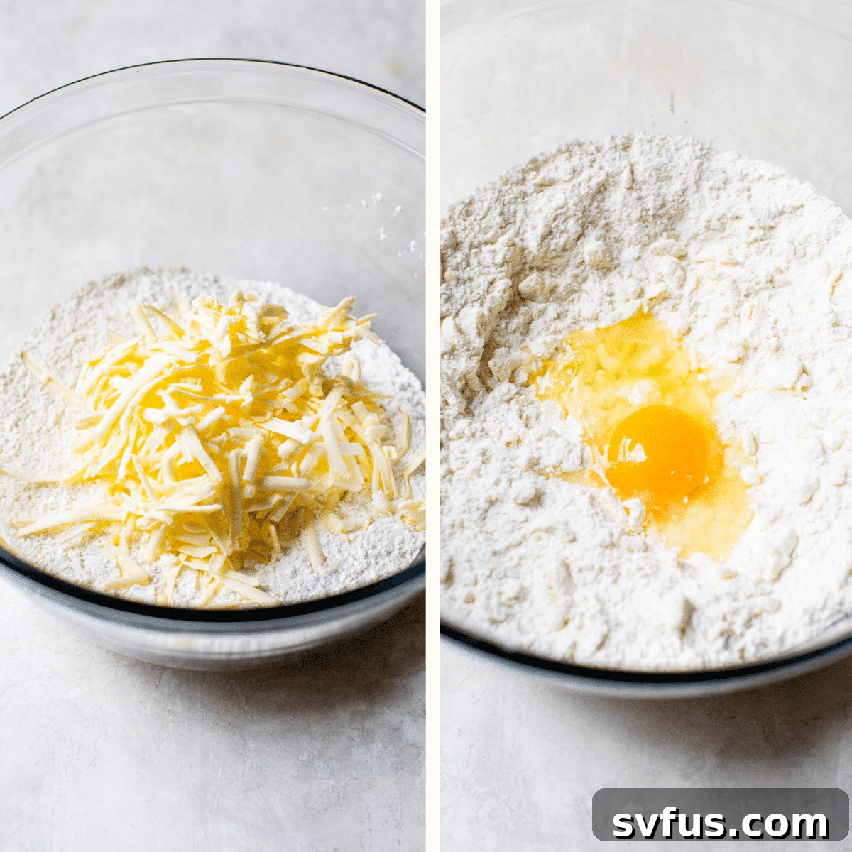 Flour and grated cold butter mixed in a bowl, showing crumbly texture