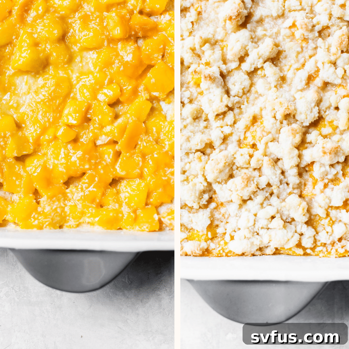 Mango crumb bars in a baking dish, with the crumb topping already added, before baking