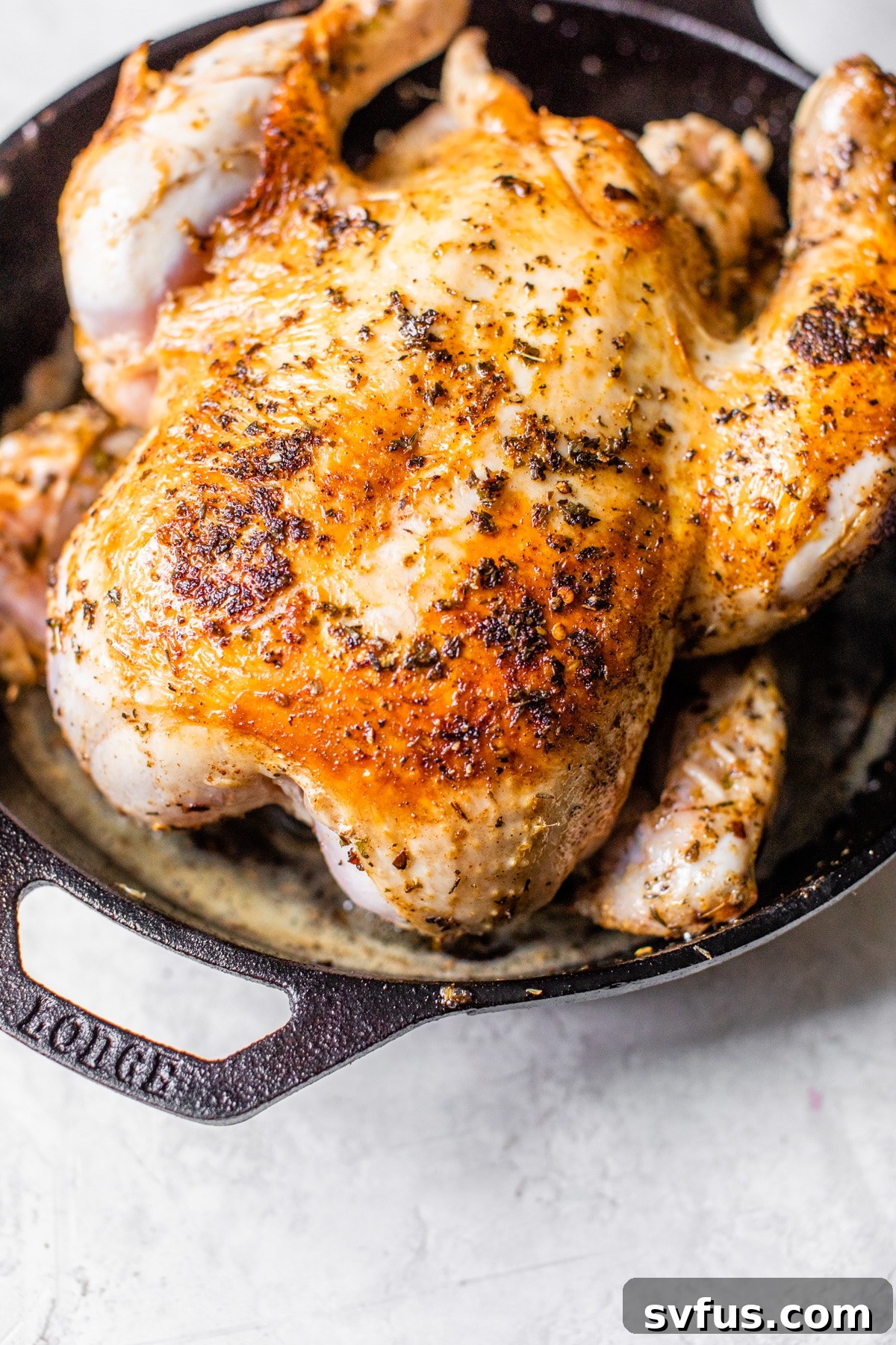seared whole chicken in a cast iron skillet