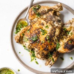 cooked rotisserie chicken on a plate drizzled with chimichurri sauce