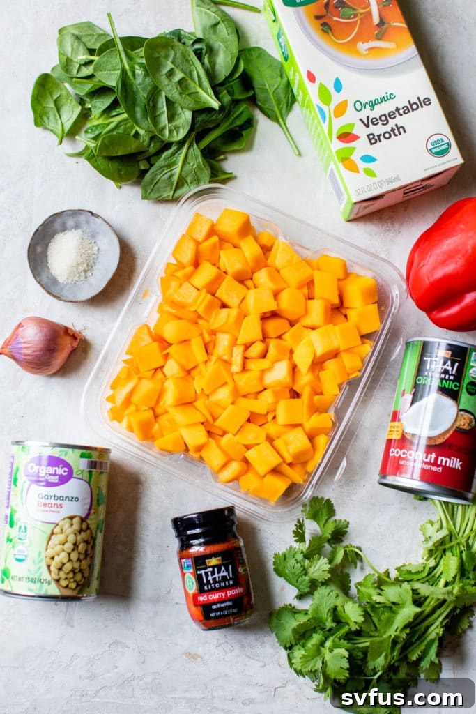 A vibrant collection of fresh ingredients laid out for making curry, including butternut squash, chickpeas, red pepper, and spices.