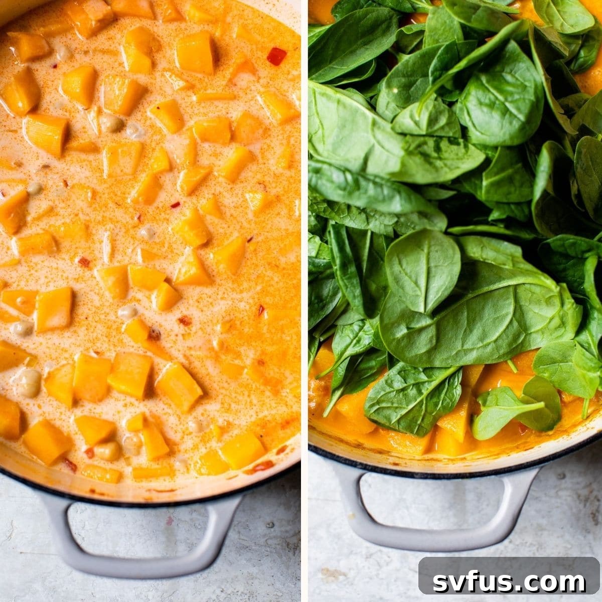 Butternut squash and spinach mixed with spices in a skillet, ready for the liquid to be added for simmering.