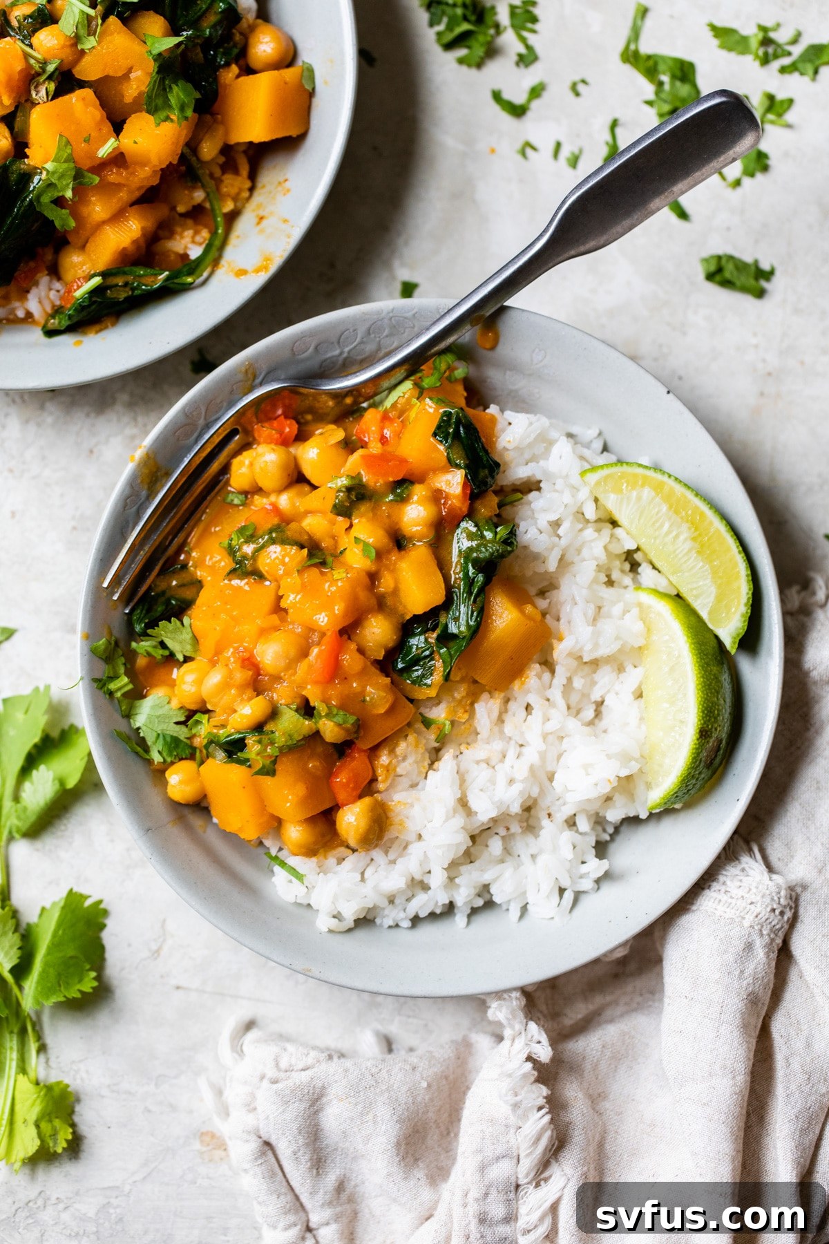 A beautifully plated bowl of Butternut Squash Curry served over rice, garnished with fresh cilantro and a lime wedge.