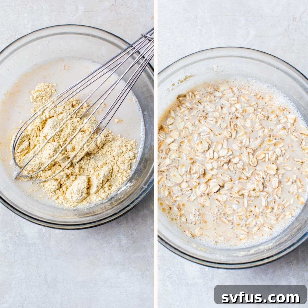 A bowl containing milk, protein powder, and oats, ready to be mixed for overnight oats.