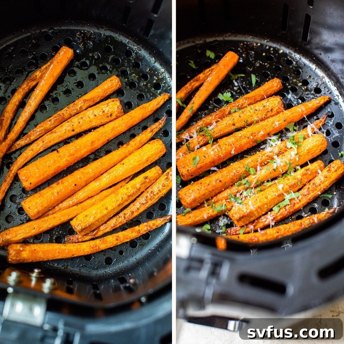 Air fryer basket filled with seasoned carrot sticks cooking to perfection.