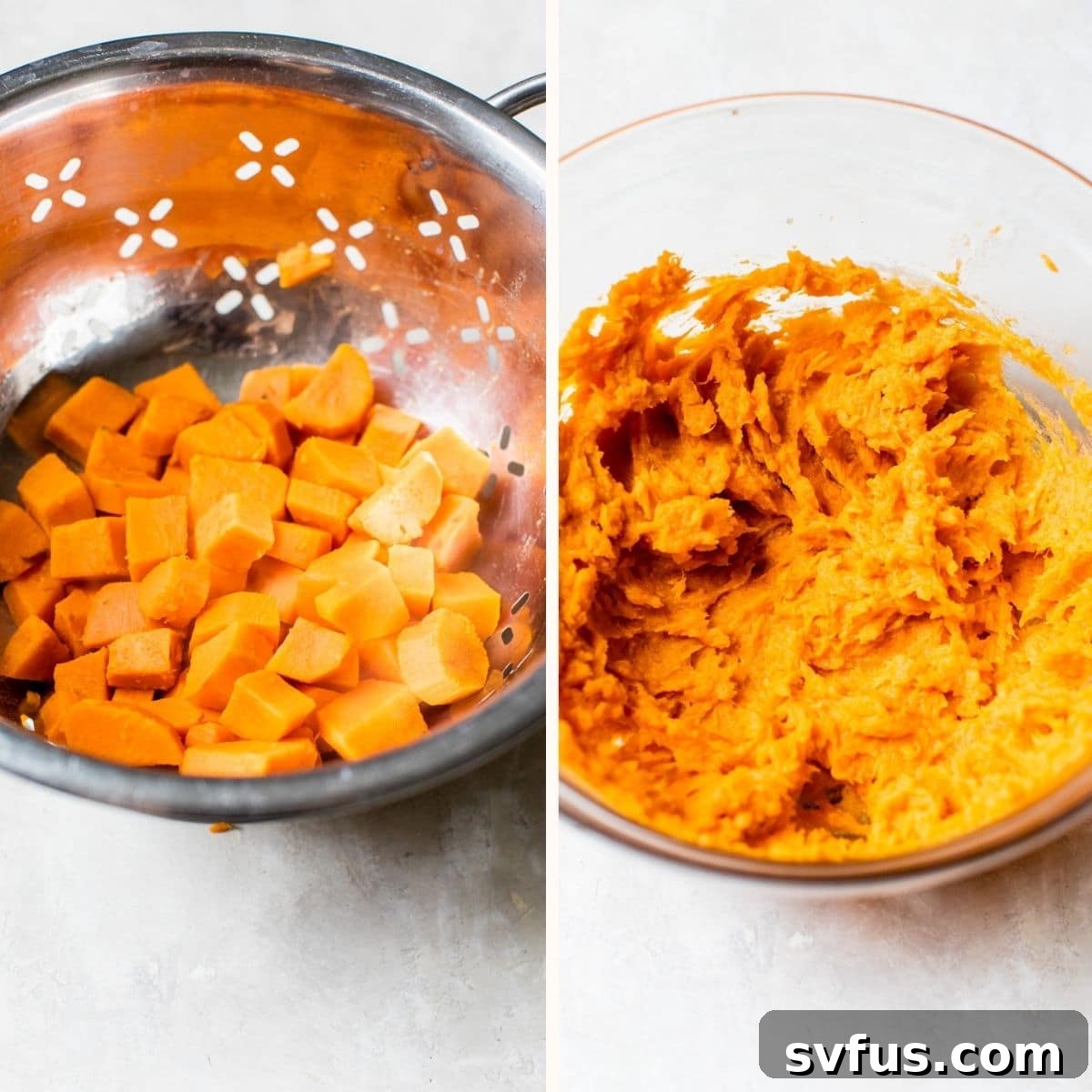 A bowl of cooked sweet potato, ready for mashing and seasoning.