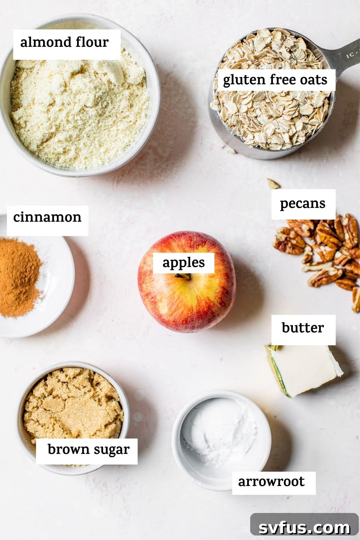 A collage of fresh ingredients laid out for making the gluten-free apple crisp, including apples, oats, flour, and spices.
