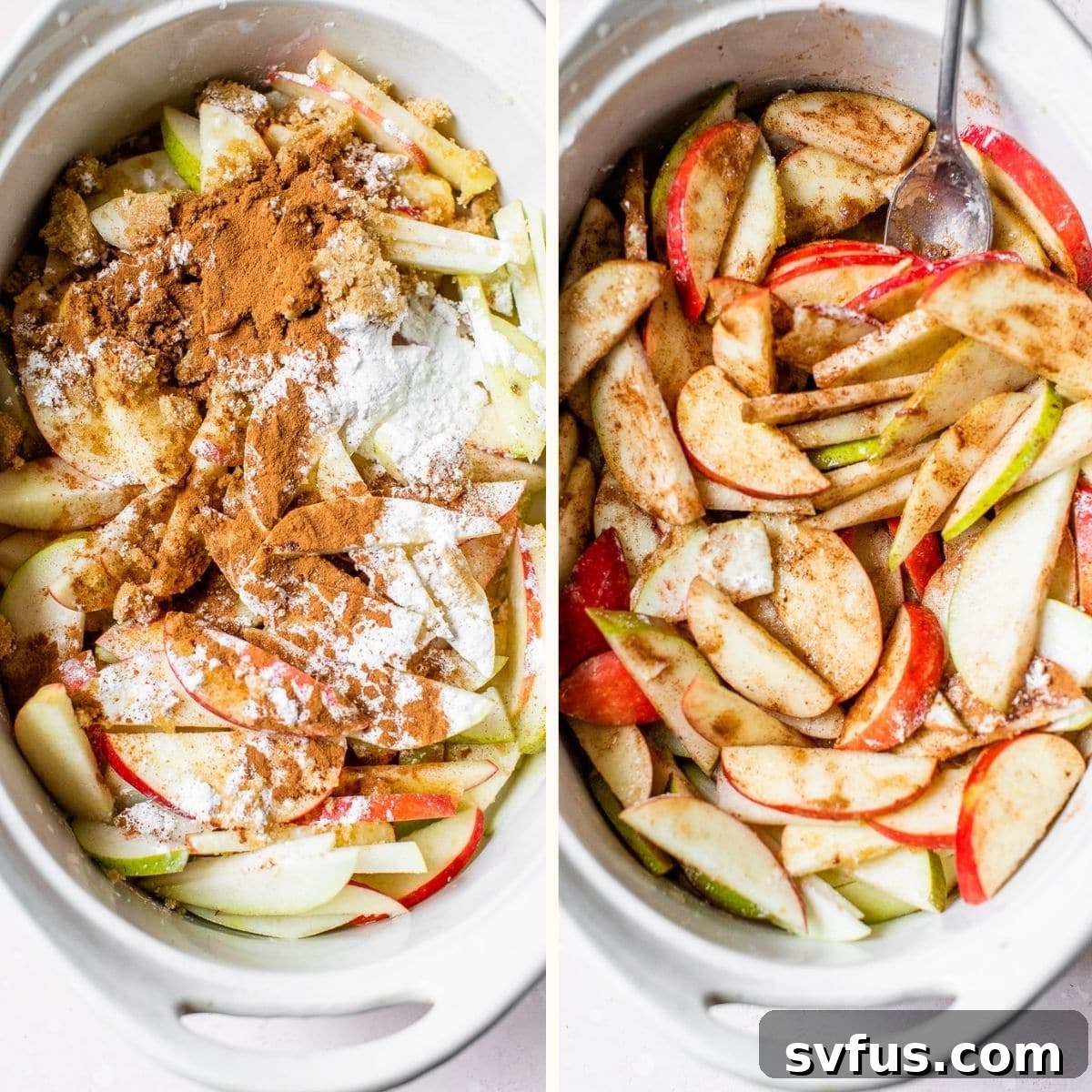 Thinly sliced apples mixed with spices in an oval casserole dish, ready for baking.