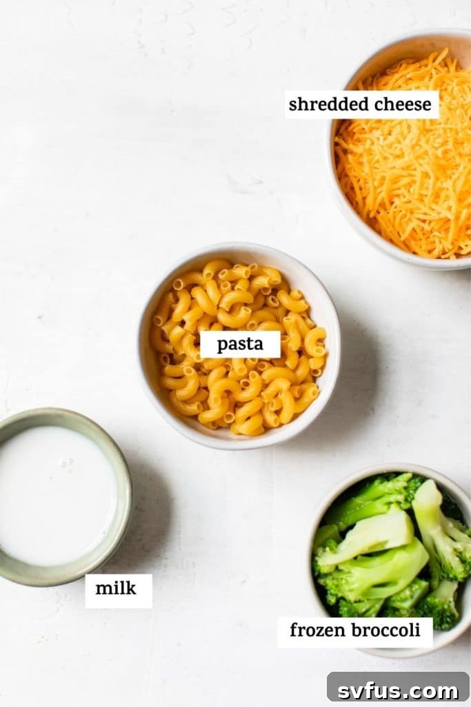 A selection of raw ingredients for mac and cheese, including pasta, broccoli, cheese, and milk, laid out on a clean surface.