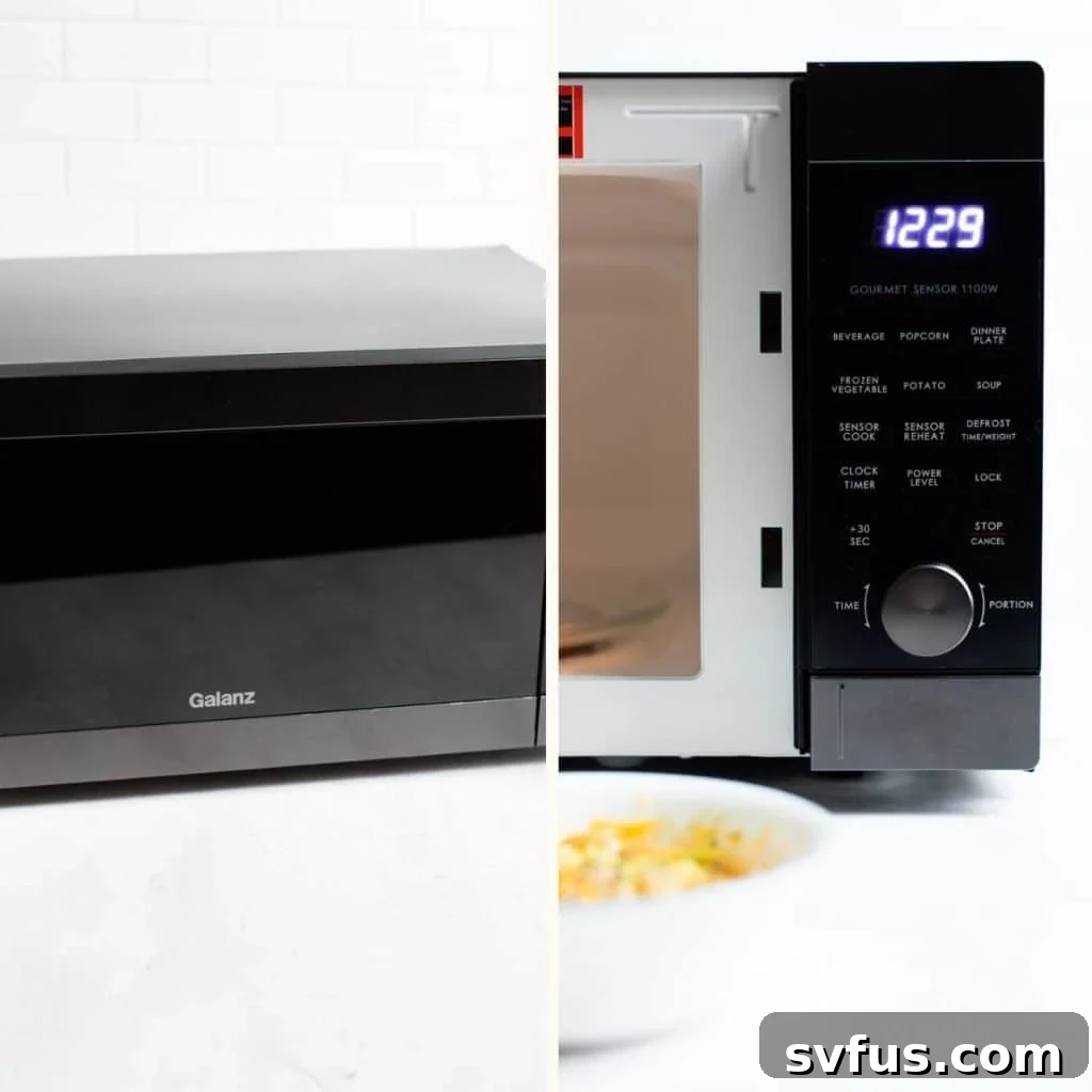A modern microwave with a digital display, illustrating the ease of use with a simple knob control.