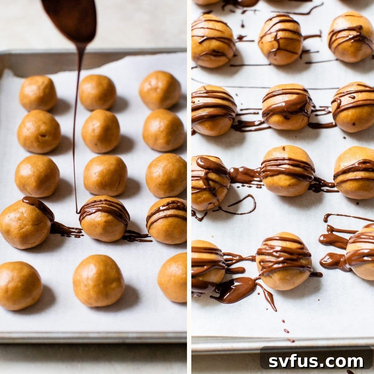 Delicious peanut butter balls receiving a luscious chocolate drizzle, captured mid-preparation.